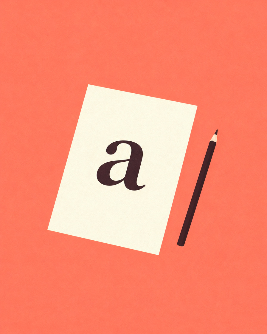 Een vel papier met één letter a, een potlood ernaast